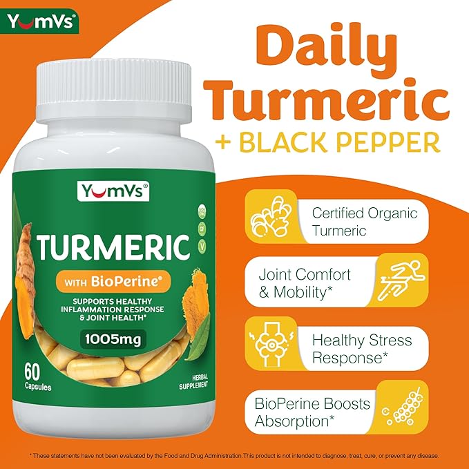 YUM-Vs Turmeric Curcumin Supplement with Black Pepper – Made with 100mg Extract + 900mg Raw Organic Turmeric – Supplement for Joint Health & Mobility – Non-GMO, Gluten Free, Vegetarian (60 Capsules)