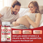 Iron Supplement for Women, Men & Kids, Iron 65mg & Vitamin C 250mg per Serving with B6 B12 Folate- Energy Support for Iron Deficiency, Anemia, Vegan Gummy Cherry Flavor, 60 Count