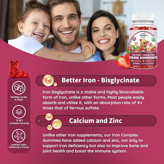 Iron Supplement Gummies for Kids - with Calcium, Zinc, Kids Multivitamin with Iron Gummies - Immune Support, Blood Builder & Energy Support for Iron Deficiency, Anemia, Vegan - 60 Count