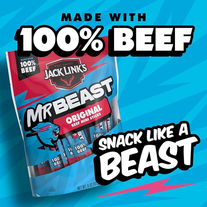 Jack Link’s x MrBeast Beef Sticks, Original Mini Beef Sticks, As Seen on Beast Games, 5g Protein, Made with 100% Real Beef, Pantry-Ready Snacks, 12 Count
