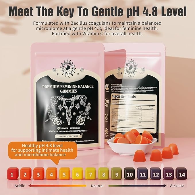 Feminine Balance Gummies, Premium Balance Supplement for Women PH Health, Immune Support, Energy Support, Vegan, Gluten-Free, Strawberry Flavor, Delicious 60 Gummies, 1 Pack 30 Servings