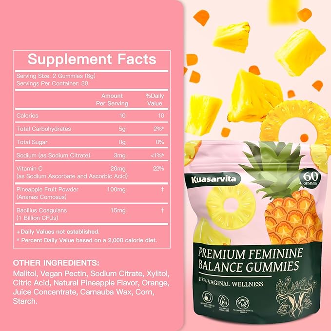 Premium Feminine Balance Gummies for Women, Vaginal Probiotics, PH Balance for Women Healthy Odor, Gut Health, Immune Support, Pineapple Gummies for Woman, 60 Counts