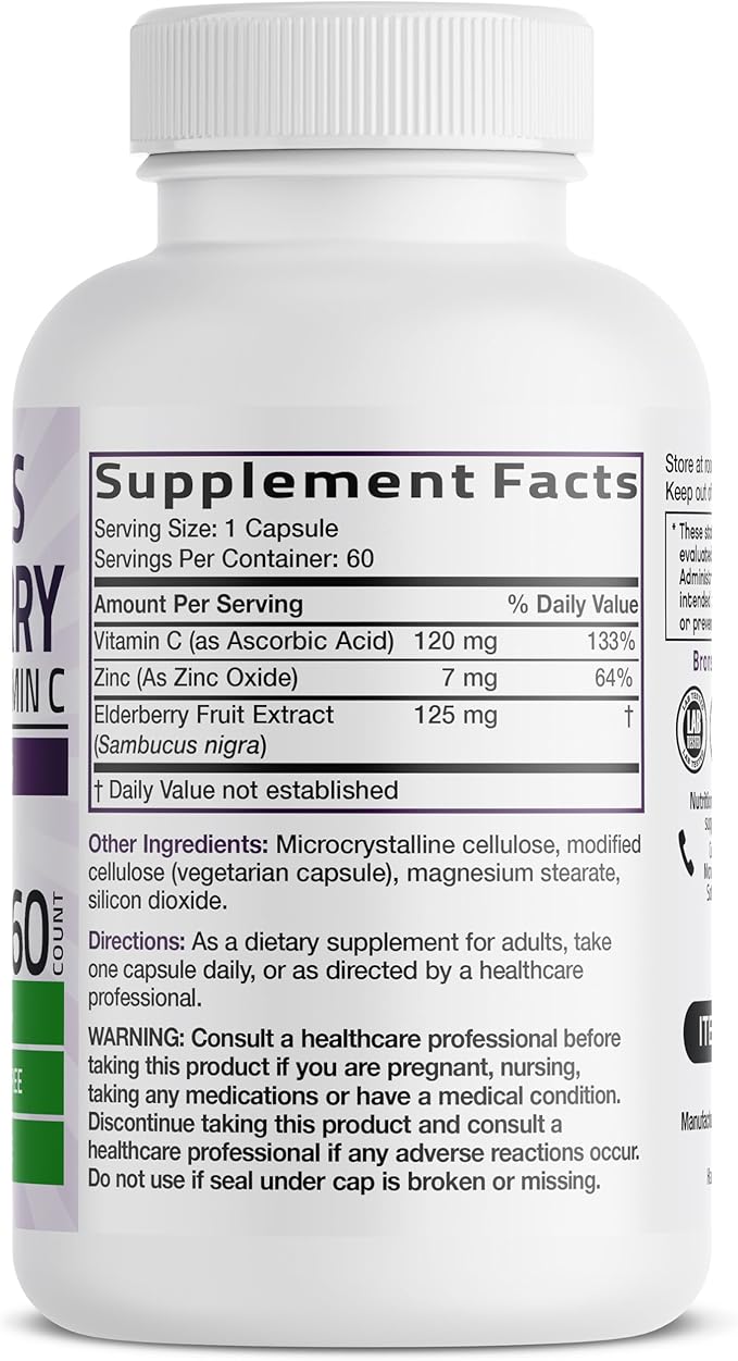 Bronson Sambucus Elderberry with Zinc & Vitamin C Triple Immune Support Complex Immune & Antioxidant Protection, Non-GMO, 60 Vegetarian Capsules