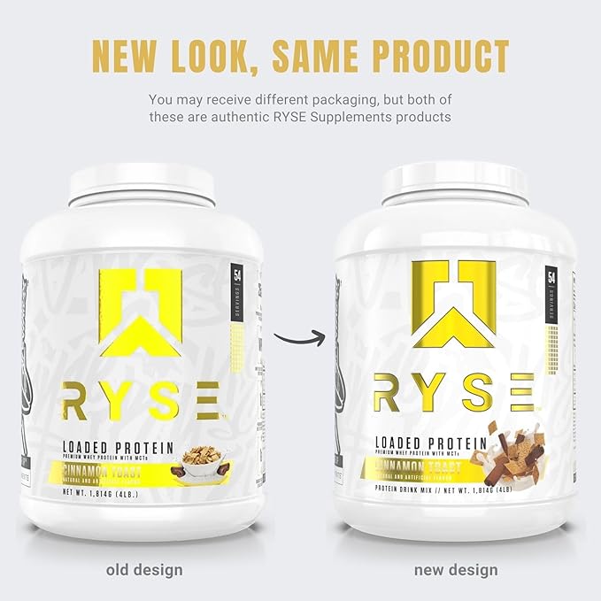 RYSE Loaded Protein Powder - Cinnamon Toast - 25g Whey Protein Isolate & Concentrate with Prebiotic Fiber & MCTs - Low Carb, Low Sugar, Digestive-Friendly - 54 Servings / 4 lb Tub