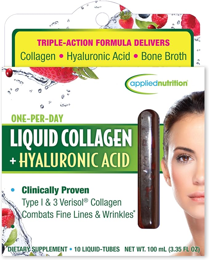 Applied Nutrition Liquid Collagen + Hyaluronic Acid - 10 Liquid Tubes - Skin & Nail Restoration - Mixed Berry Flavor - 10 Servings