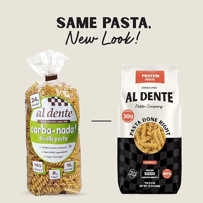 Al Dente Protein Pasta Fusilli – 30g High Protein, Lower Carb, High Fiber. Artisanal Flavor: Cage-Free Eggs & Semolina. Keto and Point-Based Diet-Friendly. 12oz Bags (Pack of 6)