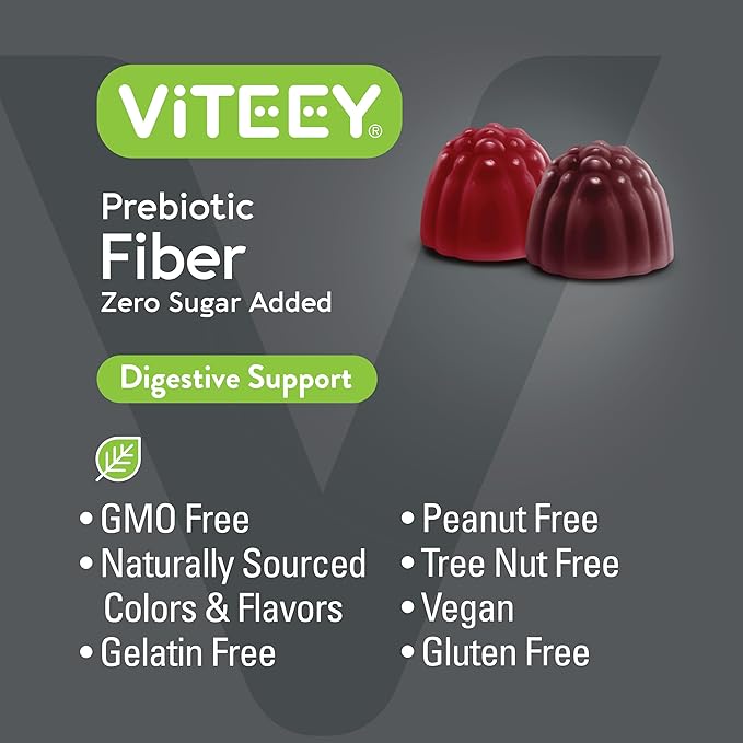 VITEEY Prebiotic Fiber Gummies for Adults, 4g - Gut Health & Digestive Soluble Fiber Supplement Gummies - Zero Sugar Added, Vegan, Gluten-Free - 120 Count