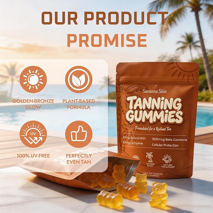 velura Savanna Skin Tanning Gummies, Astaxanthin & Lycopene Complex for Natural Sun-Kissed Glow & Hydration, Watermelon, Vegan, Sugar Free – 60 Count