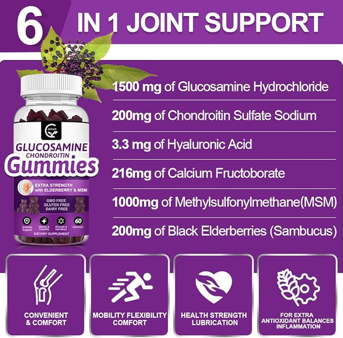 GORNVB Glucosamine Chondroitin Gummies with MSM & Elderberry – Extra Strength Mobility & Flexibility Support, Antioxidant Immune Supplement for Women & Men