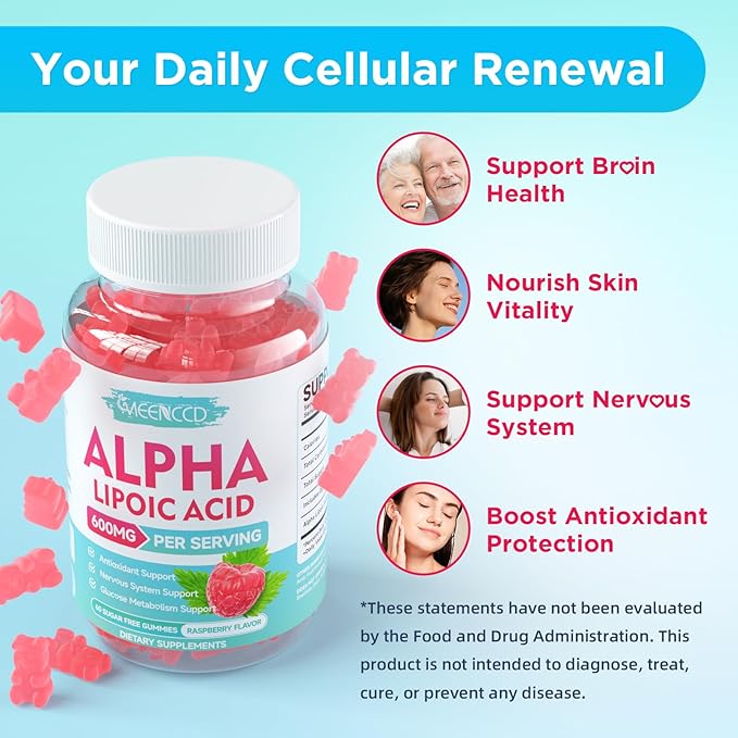 MEENCCD Alpha Lipoic Acid Gummies 600mg - ALA Supplement for Antioxidant Support, Vegan, Sugar-Free, Raspberry Flavor, 60 Count