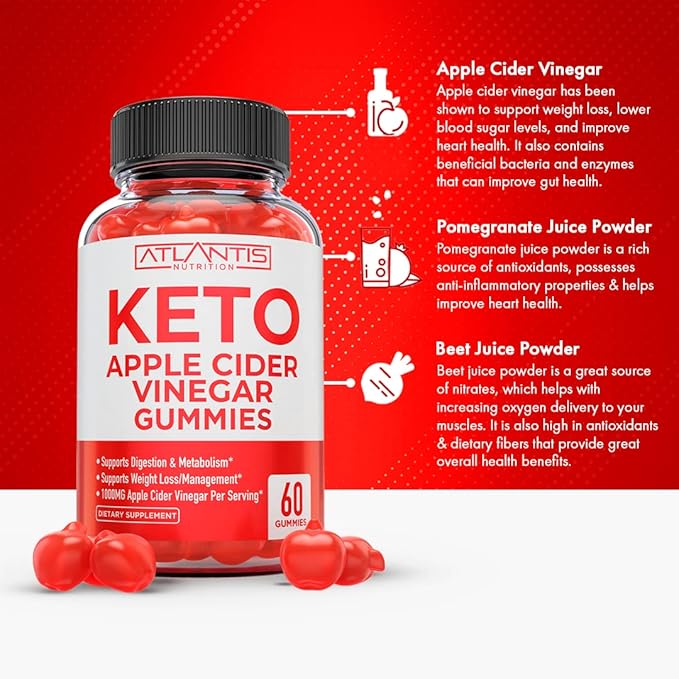 Atlantis Nutrition Keto ACV Gummies for Weight Loss - Apple Cider Vinegar Gummies Formulated to Support Advanced Weight Loss, Digestion, Detox & Cleansing, Made with 1000MG ACV Per Serving - 60 Count