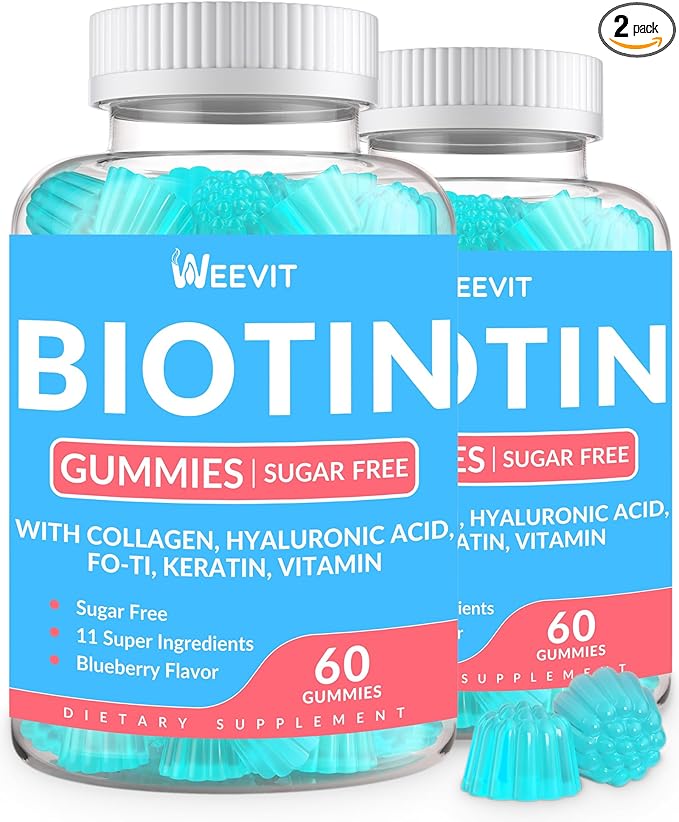 WEEVIT Sugar-Free Biotin Gummies, Biotin and Collagen Gummies with Keratin, Hyaluronic Acid for Women & Men | Hair Growth, Glowing Skin & Strong Nails | Vitamin B7 Supplement, Non-GMO, Chewable
