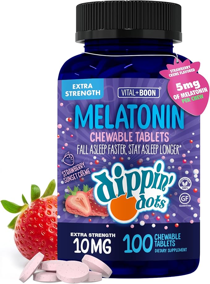 Dippin' Dots Chewable Melatonin 10mg – Melatonin 10 mg Tablets for Adults – Sugar Free – Strawberry Sunset Creme Flavor – Restful Sleep Support Supplement – Kosher, Gluten Free, Vegetarian (100 Count)