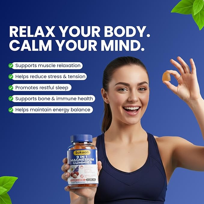 Sakoon Nutritions 9-in-1 Magnesium Gummies for Women & Men with Zinc & Vitamin D3 | Sugar Free Lychee Flavor with Magnesium Glycinate, Citrate & Malate | Muscle & Stress Relief | Halal, Vegan | 60pcs
