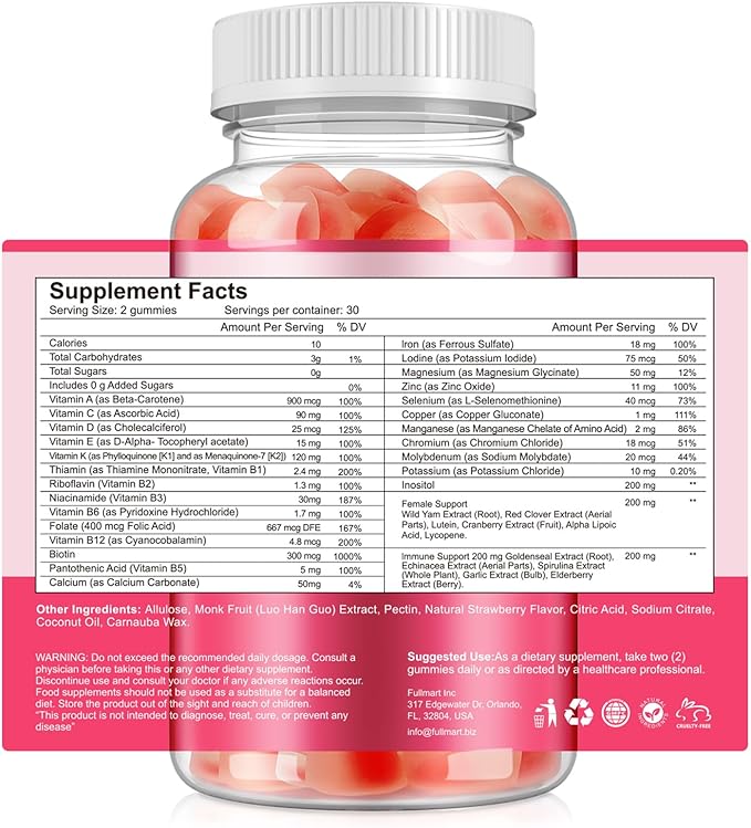 Sugar-Free Women's Multivitamin Gummies – with Inositol, Iron, Biotin, Vitamin D3 & K2 – Supports Energy, Immunity, Hair, Skin & Nails – Vegan, Non-GMO, Gluten-Free – 60 Count 30 Day Supply