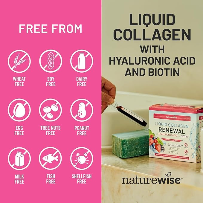 NatureWise Hydrolyzed Liquid Collagen for Women & Men 4000mg - High Absorption, Type 1 & 3 Peptides with Biotin + Vitamin C + Vitamin B Complex & Hyaluronic Acid -Mixed Berry - 10 Tubes[10 Day Supply]