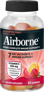 Vitamin C 750mg (per Serving) - Airborne Assorted Fruit Flavored Gummies (63 Count in a Bottle), Gluten-Free Immune Support Supplement with Vitamins A C E, Selenium, Echinacea & Ginger