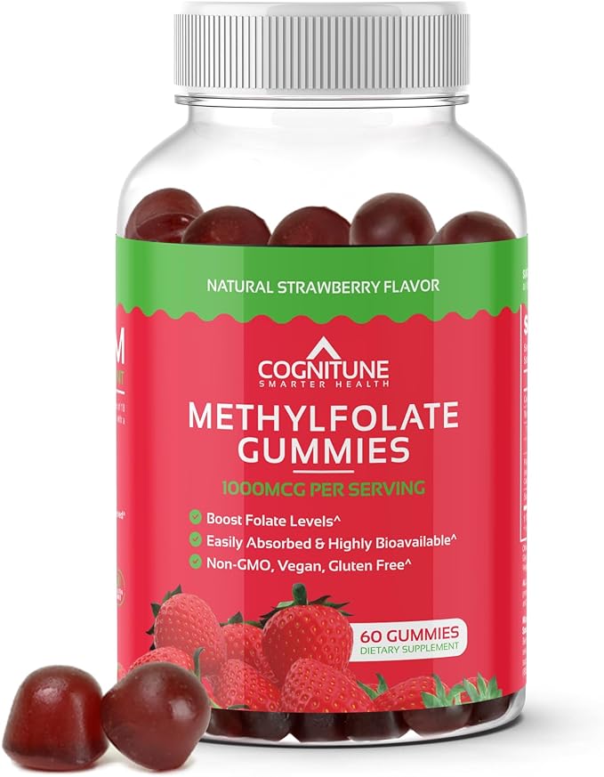 CogniTune Methylfolate Gummies for Kids and Adults - L-Methylfolate 1000mcg 5-MTHF Folate Supplement - MTHFR Support - Strawberry Chewable Vitamin B9 - Non-GMO Vegan - 60 Count