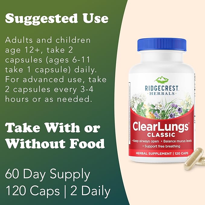 RidgeCrest Herbals ClearLungs Classic, Daily Health Supplement, Natural Lung and Nasal Wellness Formula for Bronchial, Respiratory, Immune, Sinus, and Mucus Support (120 Vegan Caps, 60 Serv)