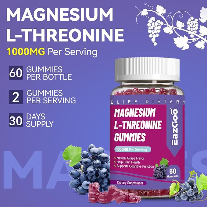 Magnesium Threonine Gummies 1000mg, L-Threonine Gummies for Adults, Great Magnesium Supplements for Brain, Non-GMO, Gluten Free, Vegan, 60 Grape Magnesium Gummies, 30 Day Supply