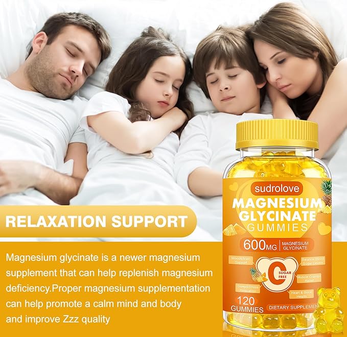 Magnesium Glycinate Gummies 600mg – Sugar Free Magnesium & Potassium Dietary Supplement with Vitamin D, B6 and CoQ10 for Calm Support & Sleep for Adults - High Absorption -Pineapple Gummies