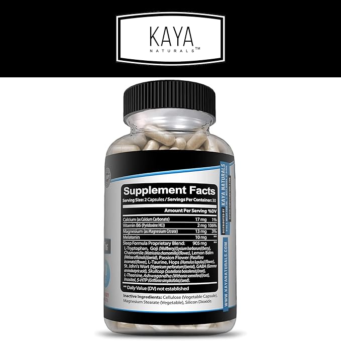Kaya Naturals - Sleep Support Formula with Melatonin - Aid Support Vitamin Supplement - Sleep Stress and Mood Support - L-Tryptophan, Passion Flower, Ashwagandha and More - 60 Capsules (60 Count)