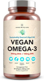 AMANDEAN Vegan Omega 3 Supplement. Premium Fish Oil Alternative. Algae DHA & EPA. Carrageenan Free Softgels. Algal Essential Fatty Acids. Plant Based Heart, Brain, Eye, Skin, Immune Support. (60ct)