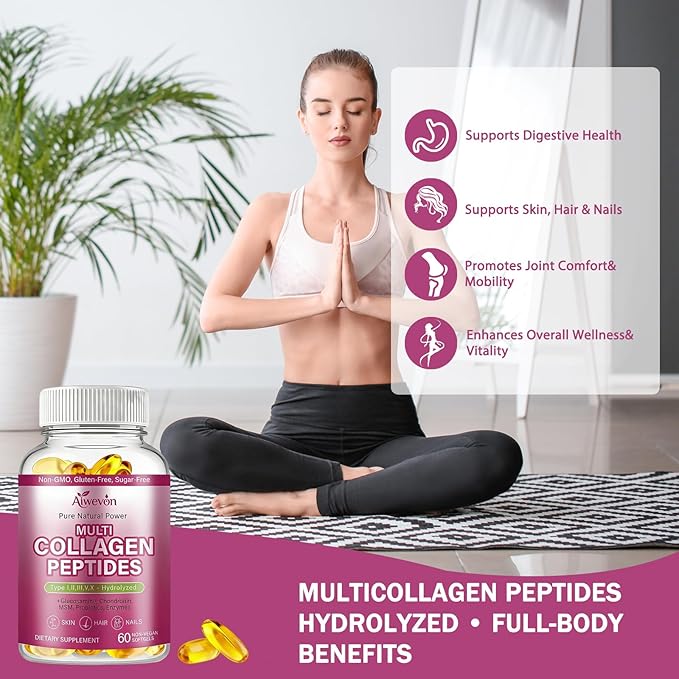 Multi Collagen Peptides Capsules 9500mg: Hydrolyzed Collagen Supplement Type I II III V X with Hyaluronic Acid Glucosamine MSM Probiotics Enzymes, Collagen for Skin Hair Nails Joints Women Men 60