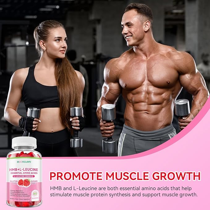 HMB & L-Leucine Gummies with Calcium, Amino Acid Supplement, L Leucine Supplements for Men & Women, Raspberry Flavor, 60 Count