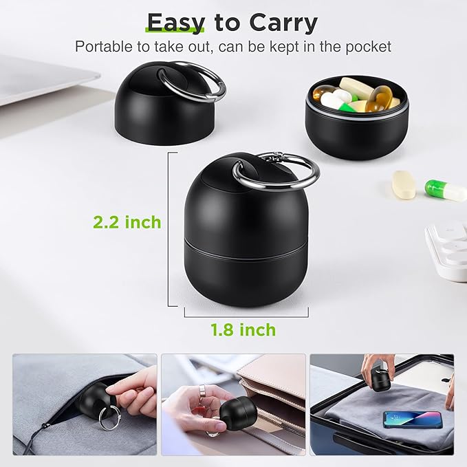 Zannaki Small Portable Single Pill Box Keychain - Metal Daily Travel Pill Organizer Case, Waterproof Pill Holder Bottle, Cute Medicine Vitamin Supplement Container Carrier for Pocket or Purse, Black