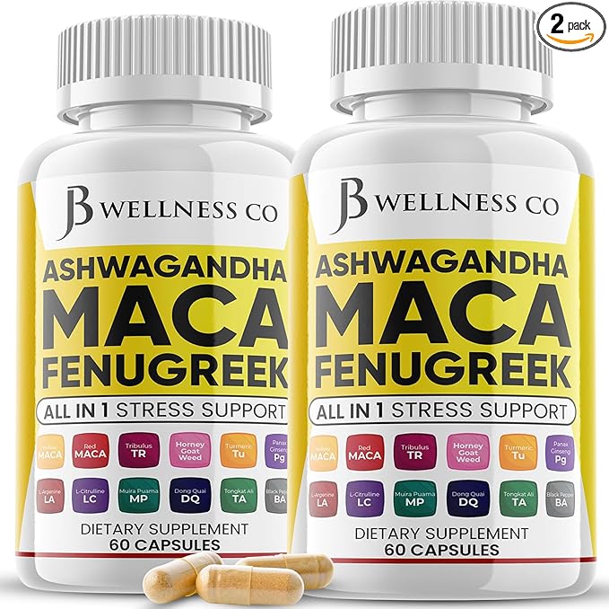 JB Wellness Co Ashwagandha Maca Root Fenugreek Supplement with Tongkat Ali Ginseng - Assists with Mood & Thyroid Health - Made in USA - 120 Count