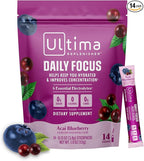 Ultima Replenisher Daily Focus Supplement & Electrolytes Powder - Acai Blueberry, 14 Stickpacks - Hydration Packets, 60mg Caffeine from Green Tea Extract & L-Theanine to Improve Focus & Concentration