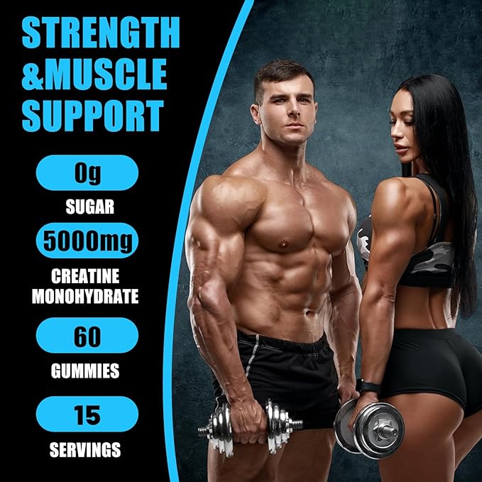 Creatine Gummies Monohydrate Complex 5000mg 60 Count Gummies Taurine + Vitamin B6 for Muscle Strength, Muscle Builder, Energy Boost, Pre Workout (60 Count (Pack of 1))