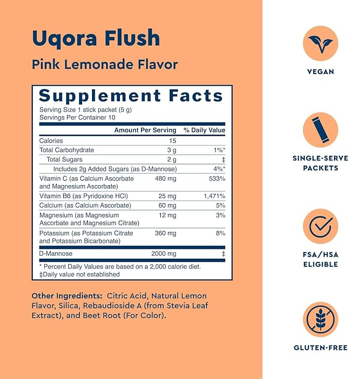 Uqora Flush - Urinary Tract* with D-Mannose, Vitamin C, Vitamin B6, Potassium, Magnesium & Calcium - Gluten-Free & Vegan - Pink Lemonade Flavor - 20 Packets (2 Pack)