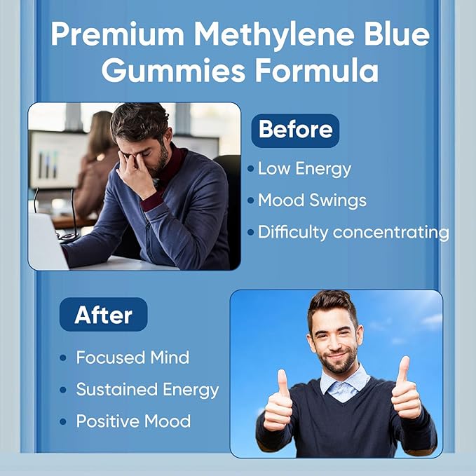 Methylene Blue Gummies, 5mg of Methylene Blue Per Gummy for Sustained Energy, Mental Clarity, Lifted Mood, Sharper Focus, 99.9% Pure, 30 Gummies Per Bag (1)