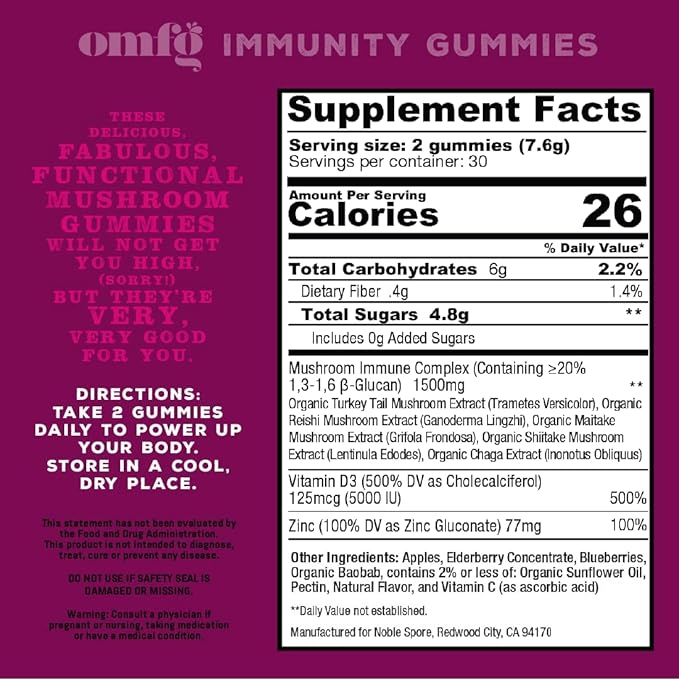 Mushroom Supplement Gummies for Immunity – Reishi, Turkey Tail, Chaga, Zinc, D3 – Vegan Gummy for Healthy Immune Support - Elderberry Blueberry Flavor (60 Count)