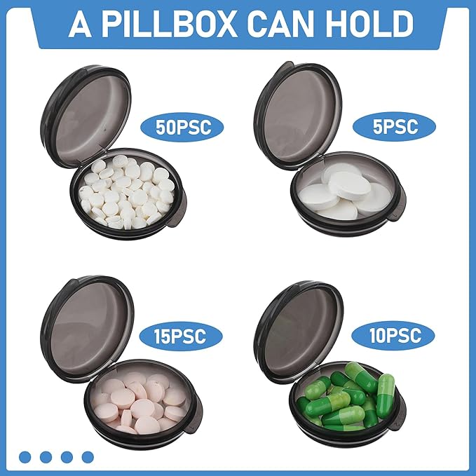 WLLHYF 4 Pcs Mini Pill Organizer Small Pill Box Cute Portable Pill Case for Pocket Purse Travel Storage Containers Earplug Case Medicine Dispenser Vitamin Holder(4 Black)