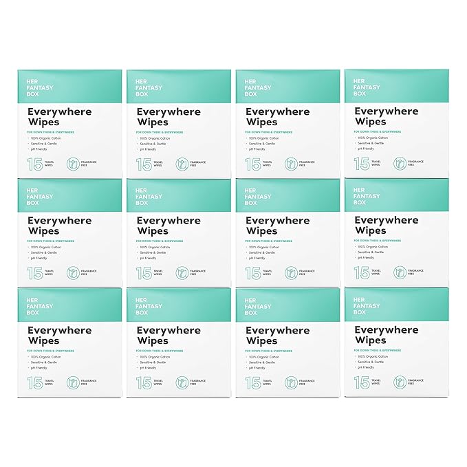 Her Fantasy Box | Everywhere Wipes – 100% Organic Cotton, Gentle & Refreshing, pH-Balanced, Fragrance-Free, Plant-Powered for Body, Face & Intimate Areas, Ideal for Sensitive Skin - 12 Pack, 180 Wipes