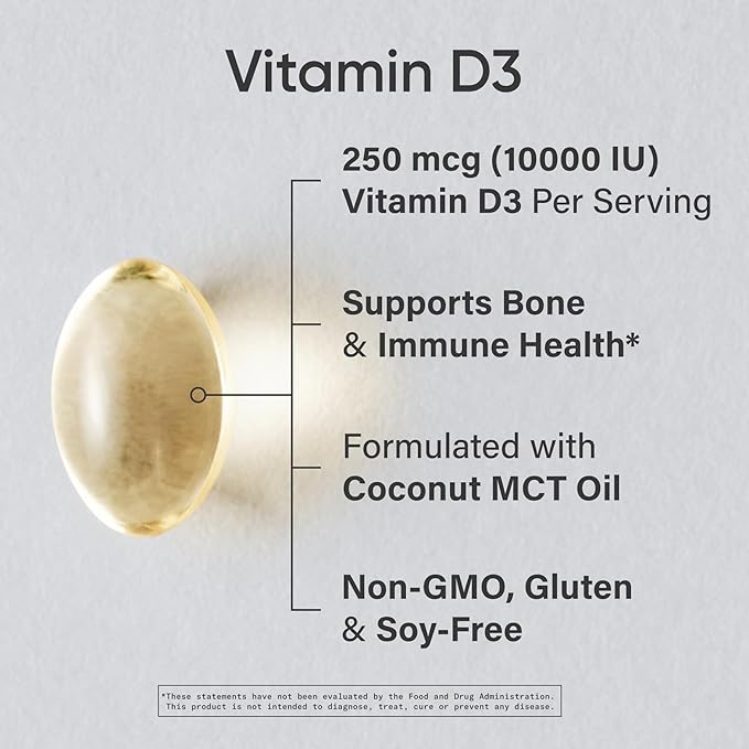 Sports Research® Vitamin D3 10,000iu (250mcg) with Coconut MCT Oil - Max Strength Vitamin D Supplement - Gluten Free · Non-GMO · Soy Free - 120 Count Softgels