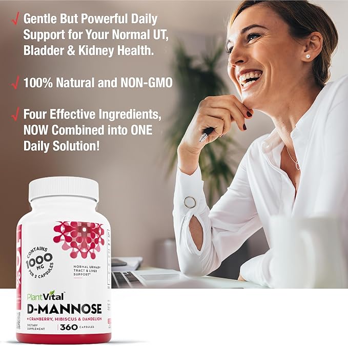 Plantvital D Mannose Capsules with Cranberry - D-mannose 1000mg per serving - High Potency for Bladder, Kidney and Urinary Tract Support - Cranberry Powder with Hibiscus and Dandelion- 6 Months Supply