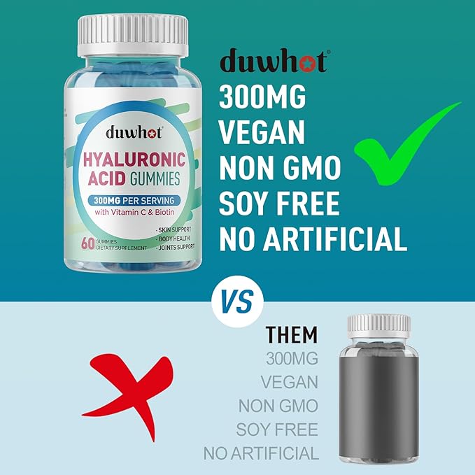 Hyaluronic Acid Gummies, Hyaluronic Acid Supplements with Vitamin C & Biotin 5000mcg for Skin, Hair, Nails Health, Joints Supplements for Women & Men, Low Sugar, Vegan, Non-GMO, 60 Counts