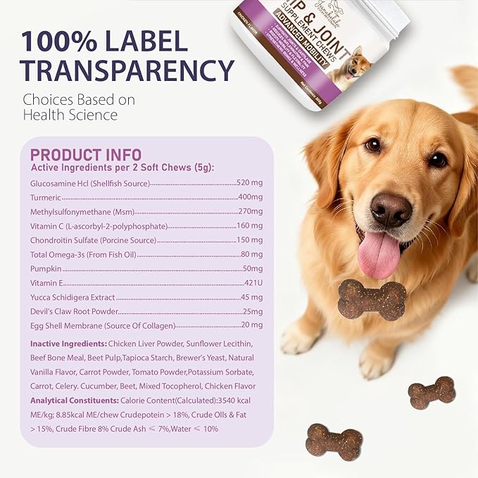 Joint Care Chews for Dogs-High Levels of Glucosamine, Green Lipped Mussels, Omega 3 and Turmeric - Hip and Joint Supplement for Dogs to Helps Ease Discomfort & Stiffness-150 Soft Chews