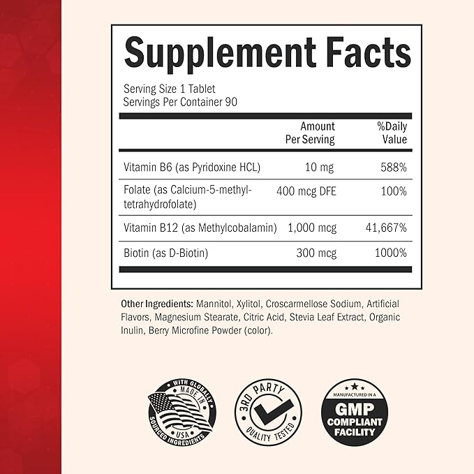 BioSchwartz Bariatric B12 Plus Dissolvable Tablets - 1000mcg Vitamin B12, Vitamin B6, Folate, Biotin - Cherry Strawberry Flavor, 3-Month Supply, Third Party Tested, for Bariatric Patients, 90 Count