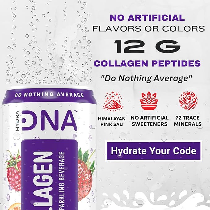 HYDRADNA- Sparkling Liquid Collagen Protein Water Drink Balanced Nutrients for Wellness - Sugar-Free - Keto-Friendly - No Gluten (12 Pack) Berry Punch