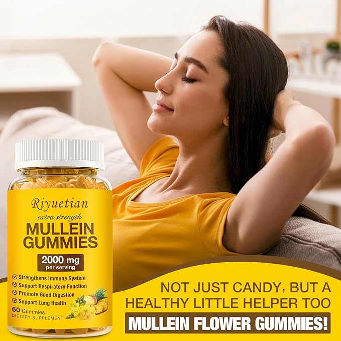 Mullein Gummies, 2000mg Organic Mullein Leaf Extract for Clear Lungs, Boost Respiratory & Digestive, Immune Booster for Adults & Kids, Allergy Friendly, Non-GMO, 120 Gummies