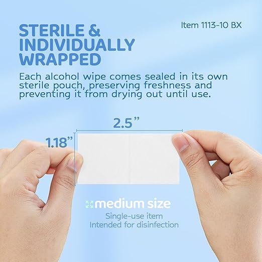 Dynarex DynaSafety Sterile Alcohol Prep Pads - Medium - 70% Isopropyl Alcohol, Individually Wrapped, Soft Cleaning Wipes - Box of 10