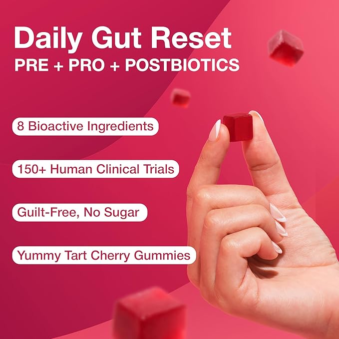GG360 - Gut Health for Women & Men, Pre Post Probiotics Gummies for Digestive Health, Constipation, Tribiotics for Bloating, Immune Support, Skin & Belly Fat, Tart Cherry – 60 Count