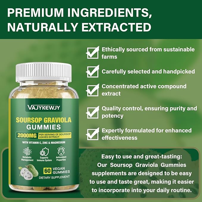 Soursop Graviola Gummies - 2000mg Extra Strength Soursop Leaves Extract, Vitamin C, Zinc & Whole Natural Food for Immunity, Vegan, 60 Gummies