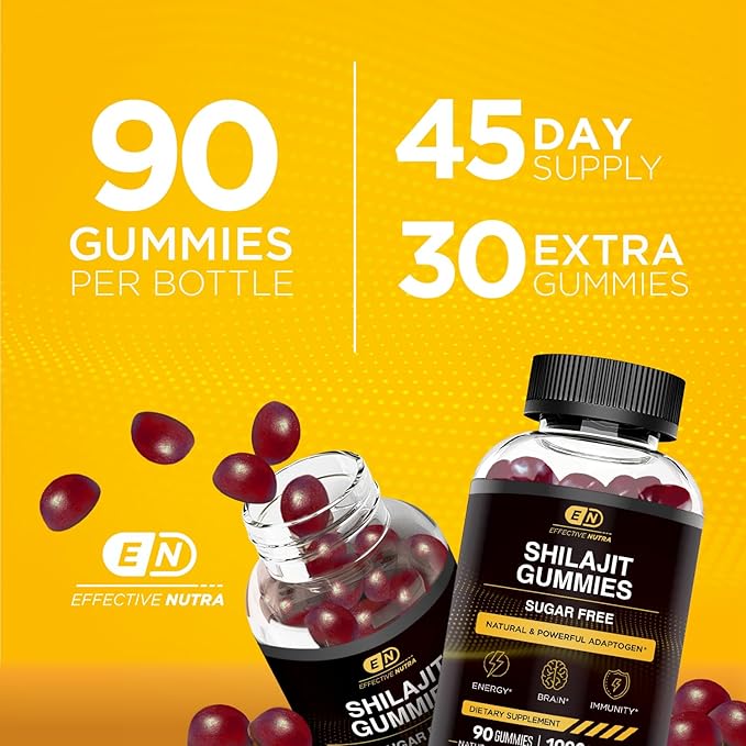 Effective Nutra Shilajit Gummies 1000mg | Pure Shilajit Resin for Energy, Brain & Immunity | Supplement for Men & Women | Sugar-Free, Vegan, Gluten-Free | Natural Berry Flavor, Made in USA (90ct)
