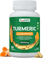 YUM-Vs Turmeric Curcumin Supplement with Black Pepper – Made with 100mg Extract + 900mg Raw Organic Turmeric – Supplement for Joint Health & Mobility – Non-GMO, Gluten Free, Vegetarian (60 Capsules)
